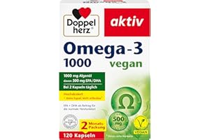 ‎DOPPELHERZ Doppelherz Omega-3 1000 vegan - Hochdosierte Omega-3-Fettsäuren EPA und DHA aus pflanzlichem Algenöl - 120 kleine, leicht schluckbare Kapseln