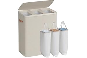 SONGMICS Laundry Basket, 190 L Triple Compartment Laundry Hamper, with Lid and Handles, Removable Liners, Easy Assembly, 64 x 40 x 75 cm, Cappuccino Beige LCB814LH01