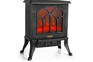 VonHaus Electric Stove Heater 1500W – Electric Fireplace – Indoor Log/Wood Burner Effect, Freestanding Fire, Portable, LED Flame, 2 Heat Settings, Adjustable Thermostat, Black – H45 x W41 x D24cm