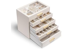 Vlando Joyero grande con 5 niveles, organizador de joyas con tapa de cristal, 5 cajones, para collares, pendientes, relojes, pulseras, almacenamiento de joyas, moderno, Cenicienta Plus, beige