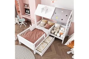 Aoskem Kinderbett Bett 90x200 cm Einzelbett mit Stauraum Schubladen, Kinderbett in Hausform, Sitz mit Kissen und Zeltstoff, Holzbett Bettgestell mit Rausfallschutz und Lattenrost, Ohne Matratze, Weiß