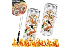 PYNTOP Rolling Grilling Baskets 2 Pcs, Round BBQ Grill Basket with Forks, Stainless Steel Grill Nets Cylinders for Outdoor Grilling, Portable Barbeque Net Tube for Vegetable, Fish, Meat, Fries