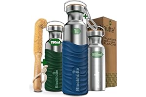 Blockhütte Butelka na napoje ze stali nierdzewnej, 750 ml, nadaje się do napojów gazowanych, szczelna, bez BPA, metalowa, termos z silikonowym płaszczem, dla dzieci, dorosłych, do uprawiania sportu