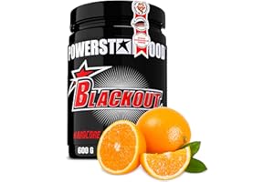 ‎POWERSTAR FOOD Powerstar BLACKOUT Hardcore Pre-Workout-Booster 600g | Hochdosierter Pump-Booster mit natürlichem Koffein | Fitness, Energie & Fokus | Deutsche Herstellung | Vegan | Juicy Orange Trainingsbooster