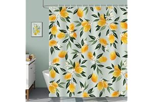 ‎BONHAUSE Bonhause Duschvorhang Zitronen Grüne Blätter Duschvorhänge 180 x 180 cm Anti-Schimmel Wasserdicht Polyester Stoff Waschbar Bad Vorhäng für Badzimmer mit 12 Haken