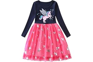 FILOWA Vestidos para Niñas Unicornio Lentejuelas Estampados Algodon Tul Verano Manga Corta Baratos Fiesta Casual Camiseta Vestido Chica Bebe Niña 2-7 Años