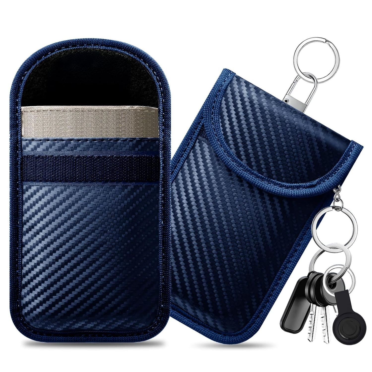 caslord Faraday-etui voor autosleutels, 2 stuks antidiefstal RFID-sleutelhangers beschermhoes met 4 sleutelhangers voor autobeveiliging, sleutelloze toegangscase voor autosleutels, M-Donkerblauw | M | Blauw| met 4 Pack Sleutelhangers | Anti-diefstal RFID Sleutelhanger Bescherming Tas voor Autobeveiliging