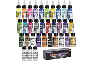 HOMY ARTY Peinture à L'aérographe - 30 Couleurs Et 3 Diluants Pour Peinture Aérographe, Peintures À Brosses À Air En Acrylique Pour Les Modèles En Métal, En Plastique - 33 bouteilles