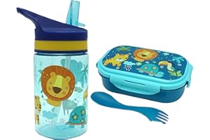 SRV HUB Juego de 3 piezas de cantimplora de la selva para niños, botella de agua Tritan de 12,5 cm, lonchera de 20 cm con tenedor, material no tóxico sin BPA, para niños, picnic, escuela, 400 ml