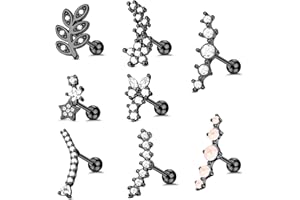 Kakonia 8Pcs Piercing Oreille Cartilage Acier Inoxydable Tragus Helix Conch Conque Piercing Zircone Cubique Boucles d'oreilles Femme