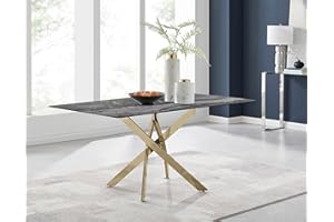 Furniturebox UK Dining Table - Leonardo 6 Seat Dining Table - Glass Grey Marble Effect Table Shiny Gold Metal Legs -Nested Starburst Design - Modern Dining Room Furniture for Contemporary Homes