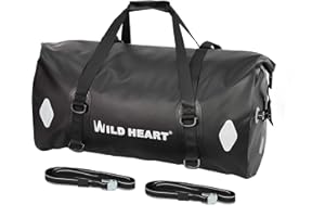 WILD HEART Bolsa de lona para motocicleta, para viajes, motociclismo, ciclismo, senderismo, camping (negro, 77 L)