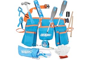 Hi-Spec Ceinture à Outils Enfant avec Kit de 16 Pièces - Gants, Lunettes de Sécurité & Vrais Outils pour Bricolage et Établi - Ceinture Porte-outils Ajustable, Pratique et Sûre pour Enfants
