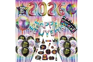 WEQTWL Silvester Deko 2026, Regenbogen Schwarz Neujahr Deko 2026 Happy New Year Banner, 2026 Folienballon Konfetti Luftballons, Glitzer Vorhänge, 2026 Foto Requisite Dekoration Set für Silvesterparty