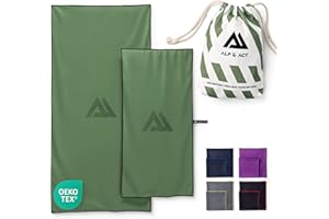 ALP & ACT Toallas de Microfibra Set de 2-100% recicladas - Extra COMPACTAS y ultraligeras - 150x70 cm + 100x50 cm - Toalla de Viaje, de Playa y para Deporte - Paños Incluye Bolsa - Verde Oliva