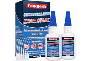 BONDTECH 60g Sekundenkleber Extra Stark, Hitzebeständig Superkleber, Wasserfester Sekundenkleber Flüssig,Anti-Trocknungsspitze, Sekundenkleber für Kleber Kunststoff, Glas, Holz, Stein, Metall und Vieles Mehr
