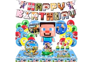 WuGU 73Pcs Happy Birthday Party Tableware Decorations Set, Miner Gaming Theme Party Supplies Include Paper Plates Cups Napkins Balloons Banner, Miner Party Table Cake Decoration for Boys Girls Kids