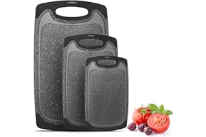 ZANFQVO Tabla Cortar Cocina, Set 3 Tablas de Cortar de Plástico-40 x 24 cm/31 x 20 cm/25 x 15 cm, Sin BPA Con Ranura para Jugo y Prensa de Ajos, Tabla de cortar antibacteriana para Verduras, Frutas, Carnes