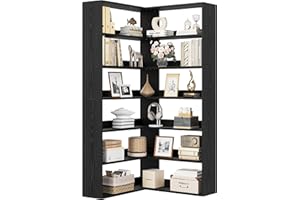 IRONCK Corner Shelf 6 Tiers, 180cm Tall Corner Bookshelf, L-Shaped Bookcases Free Standing with Baffles, Wooden Book Shelf, Storage Display Rack, Shelving Units for Living Room Bedroom Office (Black)
