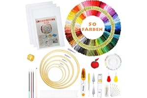 Huacan Stickerei Set 109 Stück Embroidery Starter Werkzeug Kit mit Anleitung, 5 Bambus-Stickrollen, 50 Stickgarn, 2 Aida-Tücher und Kreuzstich Tools für Erwachsene und Anfänger