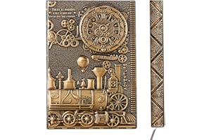 YHH Hardback Notebook A5 Lined, Vintage Leather Journal Notebook, Embossed Handmade Travel Diary, 200 Ruled Pages Xmas Birthday Gift for Women Men Friend Kid Boy Girl, 3D-Time Train Bronze