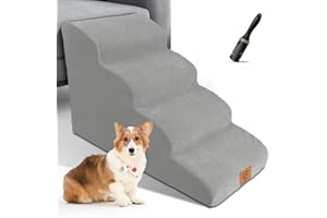 HEVOL Hundetreppe für Kleine Hunde,4 Stufen Haustiertreppe aus Schaumstofff mit Wasserdichter Bezug,Abnehmba Hunderampe Katzentrepp für Sofa Bett,Send 1 Fusselrollen
