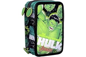 Clondo Plumier Triple Escolar 44 Piezas – para Hulk Fan – con Bolígrafos, Lápices de Colores, Rotuladores, Tijeras – Verde – para Niños – Regalo o Colegio – Superhéroes