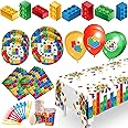 Building Block Birthday Party Supplies Set | Baby Boy Toddler Kids Birthday Brick Decorations – Cups Plates Signs Napkins Balloons Tablecloth Utensils – Decorations for Boys and Girls – Serves 25