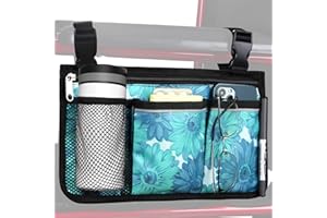HSGEZUOQI Wheelchair Side Bag, Upgrade Flower Color Armrest Storage Pouch with Cup Holder and Reflective Strip Use of Waterproof Fabric, for Most Wheelchairs, Walkers or Rollators (Blue Floral)