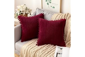 MIULEE 2 Piezas Funda Cojines Corduroy con Pomones Fundas de Almohada Decorativa de Terciopelo Cojines Decoracion Moderno para Sofá Silla Cama Dormitorio Habitacion 50 x 50 cm Vino Tinto