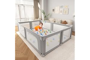 Seeday Baby Playpen, Grey Foldable Playpen for Babies and Toddlers, 185x154cm Playard for Indoor & Outdoor, Large Baby Play Yards, Play Fence with Soft Breathable Mesh, Mattress, Ocean Balls