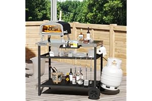 PIZZELLO Outdoor Grill Cart 95 cm x 62 cm Three-Shelf Pizza Oven Stand Table with Wheels Dining Cart Table for Outside Patio, Movable Kitchen Cooking Prep Table BBQ Cart with Stainless Steel Tabletop