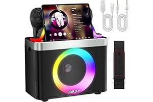 SORDA Portable Karaoke Machine for Adult Kid, Bluetooth Speaker with 2 Rechargeable Wireless Microphones, Shoulder Strap, Voice Change, Support Echo/USB/AUX, for Outdoor Indoor Gathering Party Gifts