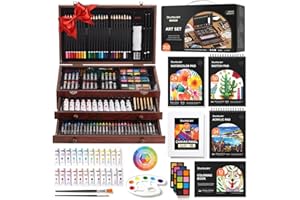 Shuttle Art 202 Pièces Malette Dessin Enfant, Kit Dessin en Bois avec 4 Blocs, Toiles, Peinture Acrylique, Crayons de Couleur, Crayons de Cire, Pastels pour Enfants Adultes