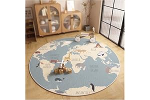 WOLWES Runder Teppich mit runder Weltkarte für Kinder, Baumwollboden(A,100cm/39in/3.2ft)