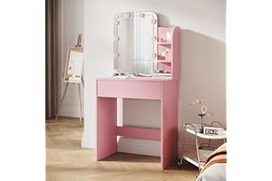 Sirhona tocador, espejo LED con brillo ajustable, mesa de maquillaje con espejo, 1 cajones y 2 estantes de almacenamiento, estilo moderno, rosa