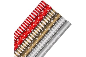 Hallmark Christmas Wrapping Paper, Pack of 6 Gift Wrap, 3M Each, 2 Festive Designs, Stars, Stripes, Red, Gold, Silver