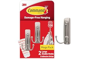 Command Decorative Hook, Brushed Nickel, Indoor use - 2 Large Metal Hooks and 3 Adhesive Strips - Hang Jackets, Purses, Handbags, Backpacks, Hats, Scarves, Dog leads - Organise Damage Free