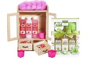 BRUBAKER Cosmetics 2w1 Zestaw Pielęgnacyjny - Truskawka & Aloes - 15-Częściowy Komplet Wellness - Damski Pakiet Prysznicowy i Kąpielowy - Kobiecy Prezent Kosmetyczny w Ładnej Szafce z Drewna