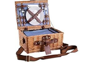 ‎EGENUSS eGenuss Picknickkorb 2 Personen Blau mit Kühlfach & Schultergurt – Handgewebter Picknicktasche aus Naturweide inkl. Geschirr & Gläser – Romantisches Picknick Set Geschenk