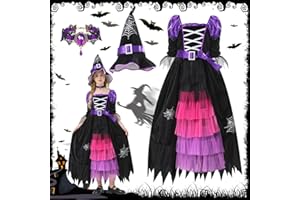 FFTANXS Costume Strega Bambina con Cappello, Vestito Viola e Nero per Halloween, Carnevale e Feste in Maschera