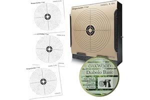 OAKWOOD Set 50 Zielscheiben 14x14cm + 500 Diabolos 4,5mm Spitzkopf oder Flachkopf nach Wahl mit Kugelfang Verschiedene Varianten für Luftgewehr und Luftpistole (C02-Pistole)