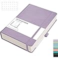 RETTACY A5 Bullet Dot Grid - Dotted Notebook With 320 Numbered Thick Journal Leather Hardcover 100gsm Paper Pen Holder, Inner Pocket, 2 Free Journal Stencils 14.5 x 21cm - Purple