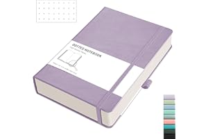RETTACY A5 Bullet Dot Grid - Dotted Notebook With 320 Numbered Thick Journal Leather Hardcover 100gsm Paper Pen Holder, Inner Pocket, 2 Free Journal Stencils 14.5 x 21cm - Purple