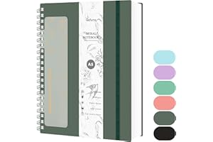 Qefuna Cuaderno de Puntos A5, Bullet Dot Journal,Cuaderno de Espiral de 300 Páginas,Papel Antitinta de 100 g/M²,Tapa Dura de PVC, con Regla,Bolsillos Ampliables,Bandas Elásticas,14,5 x 21 cm-Verde