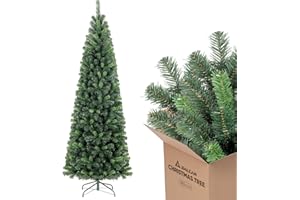 SALCAR Arbol de Navidad Estrecho Artificial 180 cm, Árbol de Navidad con Guantes y 618 Puntas de Rama, Pino de Navidad con Soporte de Metal, Abeto, Ignífugo