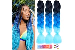 BouGPeng Extension per Treccine Africane 3 Pezzi 24''Kanekalon Treccia Capelli 100 g/pacco Capelli Fibra treccia di scatola per Crochet Twist Intrecciare Capelli(Nero-Blu Scuro-Azzurro)