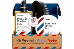 Sapiens Trio de Soin Barbe Homme - Huile Barbe Bio + Baume Barbe Bio + Brosse en Poils de Sanglier - Essentiels de Soins pour Barbe - Fabriqué en France