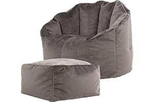 ‎ICON Icon Sitzsack-Sessel „Sirena“ mit Hocker, Grau, Samt, Plüsch XL Sitzsack Erwachsene mit Füllung für das Wohnzimmer, Groß Indoor Sitzsäcke