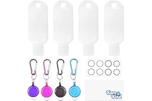 Kare & Kind Flaconi da Viaggio Portatili Trasparenti - 4x Flaconi Vuoti, 4x Moschettone/Cordino Retrattile 1x Foglio di Adesivi - up to 50 ML - fino a 50 ML - Per Disinfettante Mani